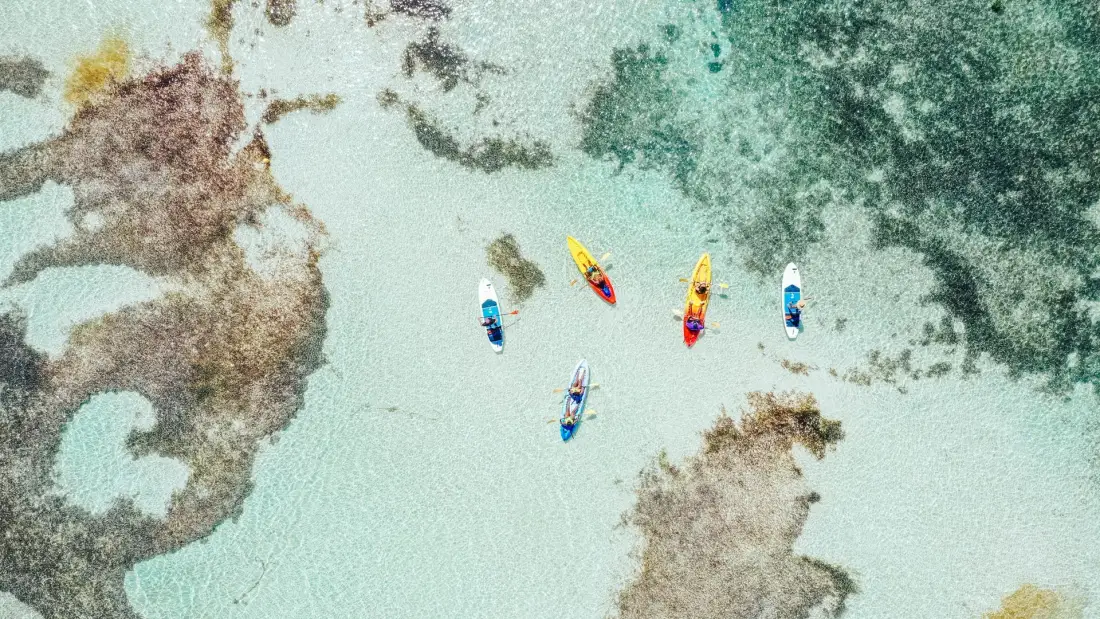 Drone view of Caribbean Paddling kayaks and paddleboards in the Saint Martin lagoon