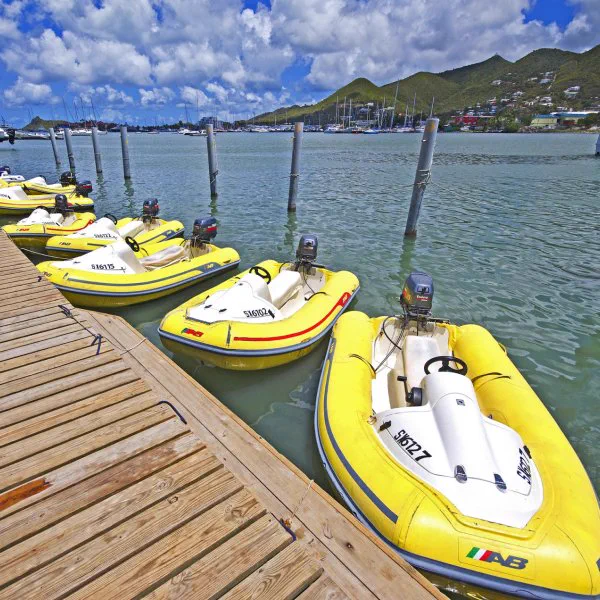 Rhino Rider boats docked at the Simpson Bay departure base
