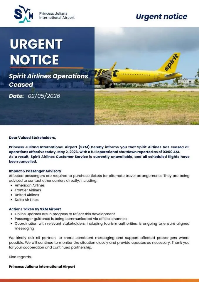 SXM Airport notice about Spirit Airlines ceasing operations