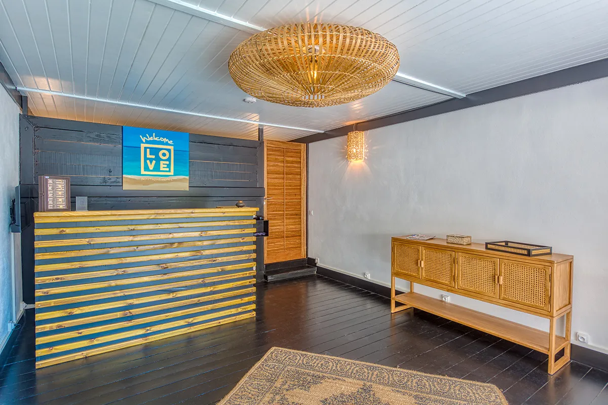 Reception and LOVE signage at the hotel