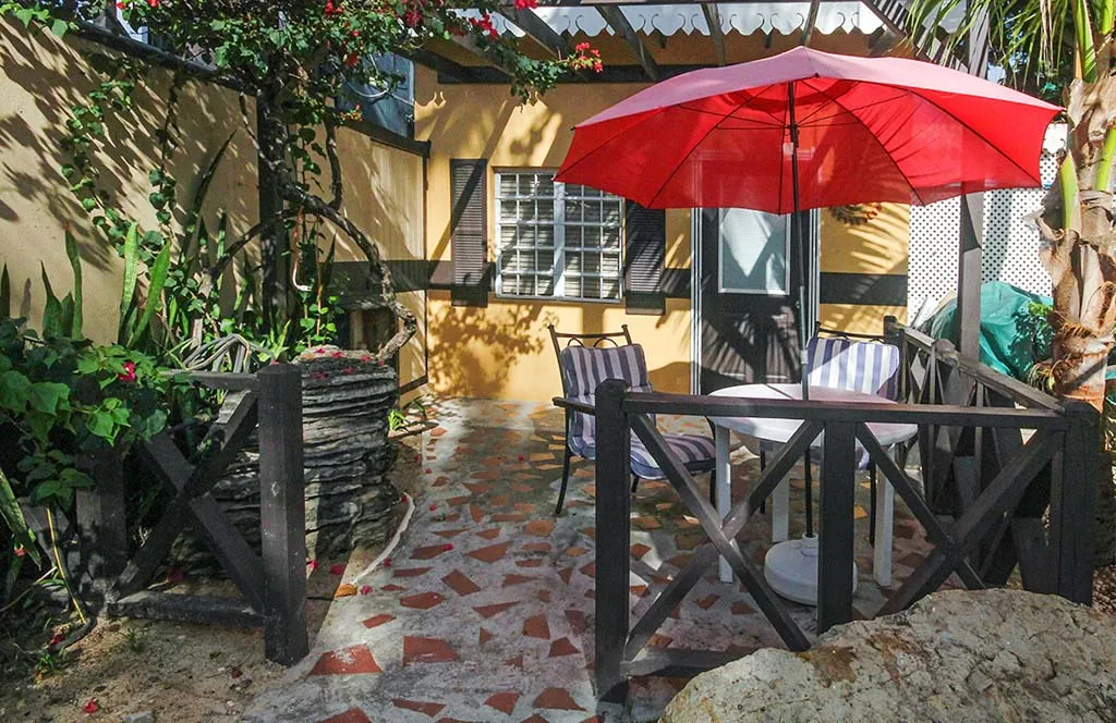 Private flowered terrace at Mary's Boon Beach Resort
