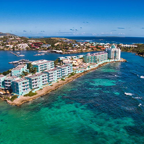 Aerial view of the resort, lagoon and marina