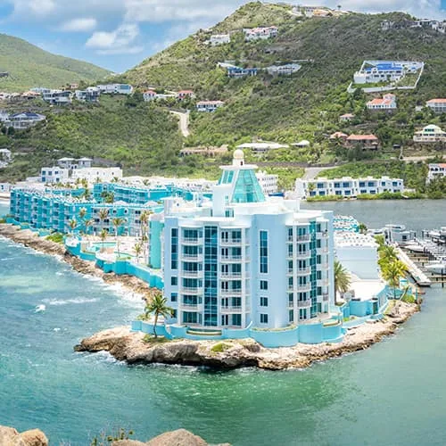 Central tower and marina at Oyster Bay Beach Resort