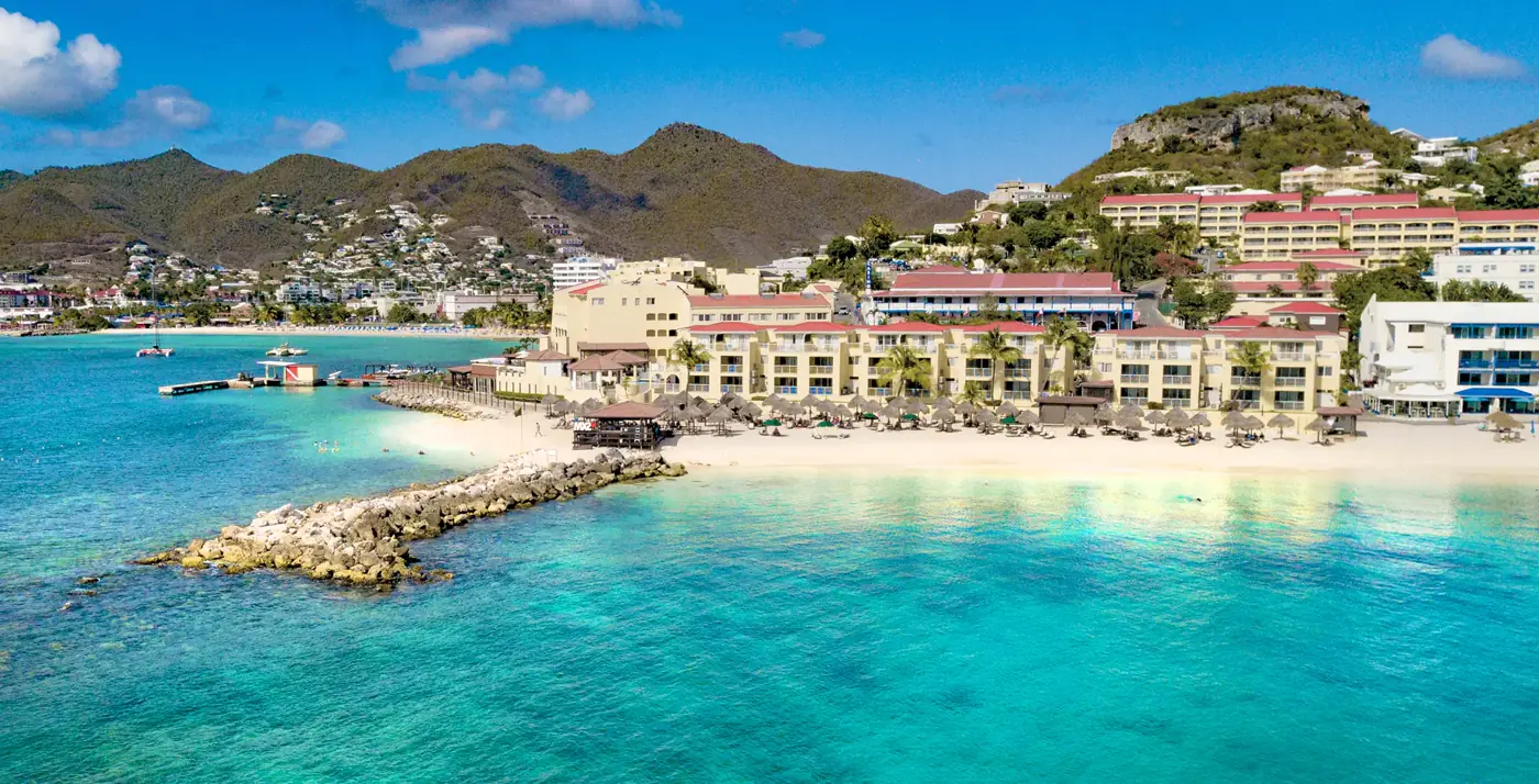 Pools and bay view at Simpson Bay Resort, Marina & Spa