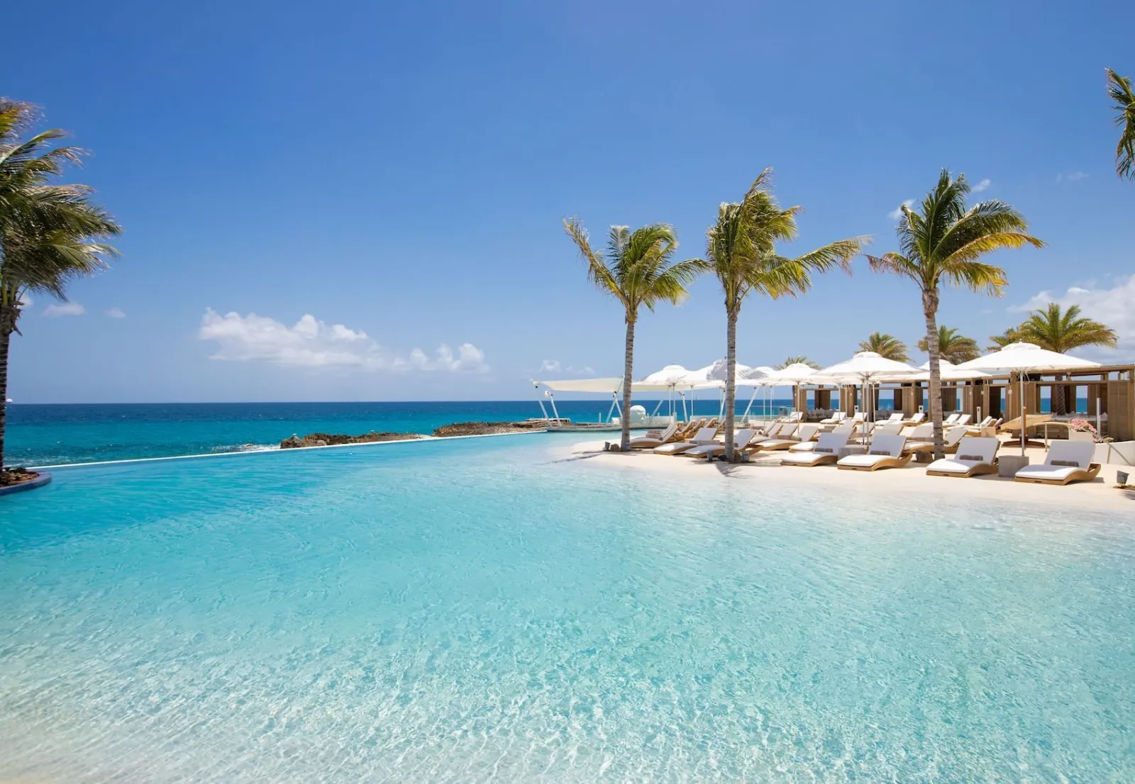 Daytime infinity pool with loungers and palm trees