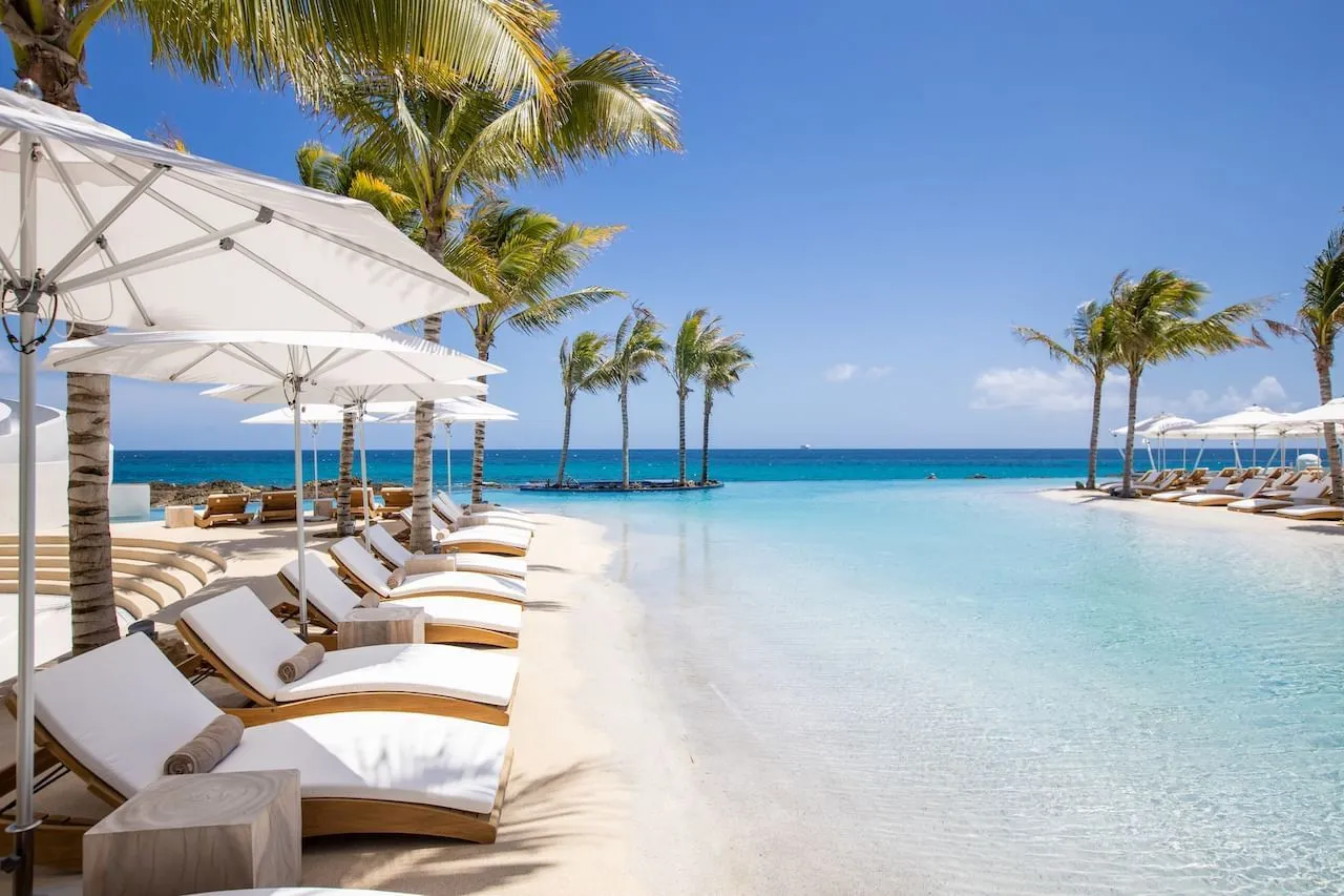 Sun loungers and parasols at the main pool