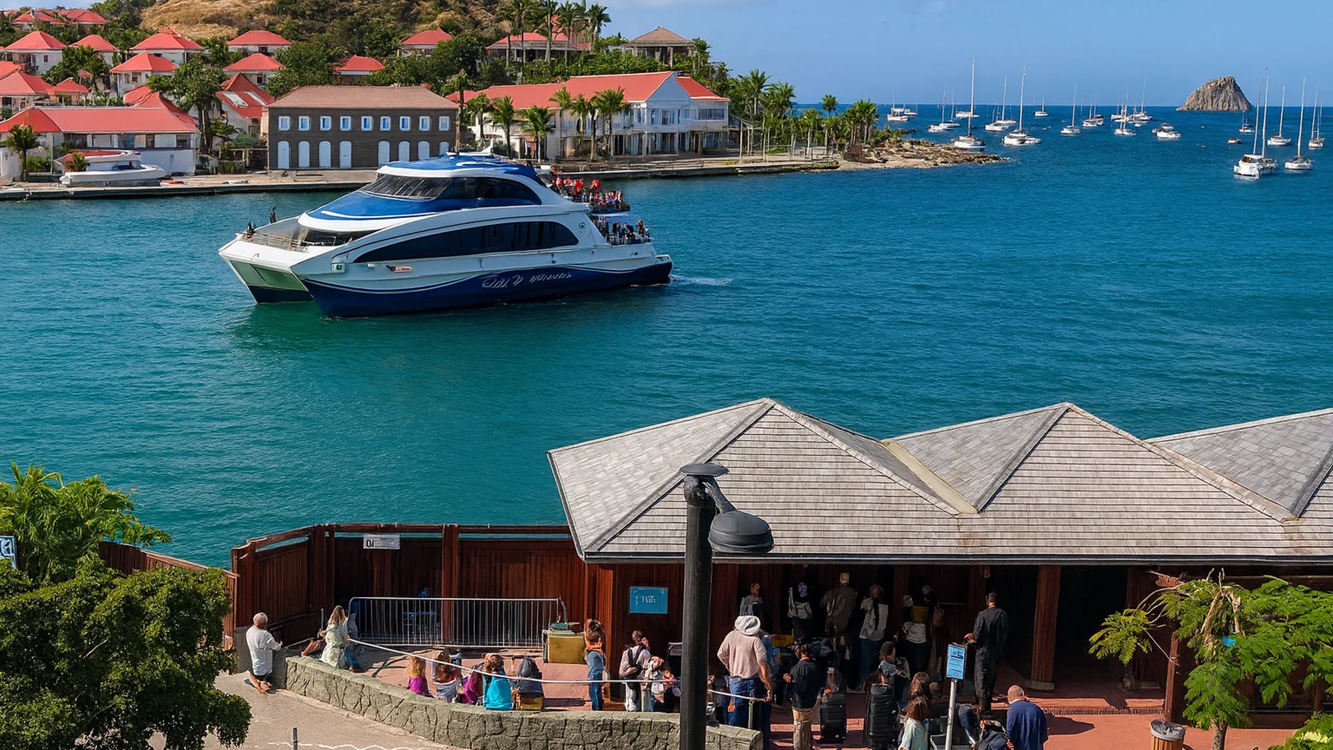 Ferry sailing on Saint Martin turquoise waters