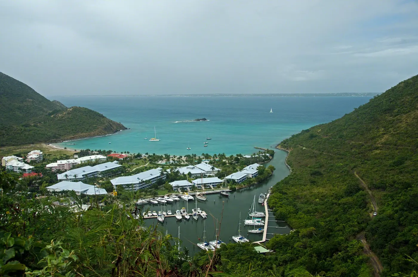 Anse Marcel bay and marina seen from above