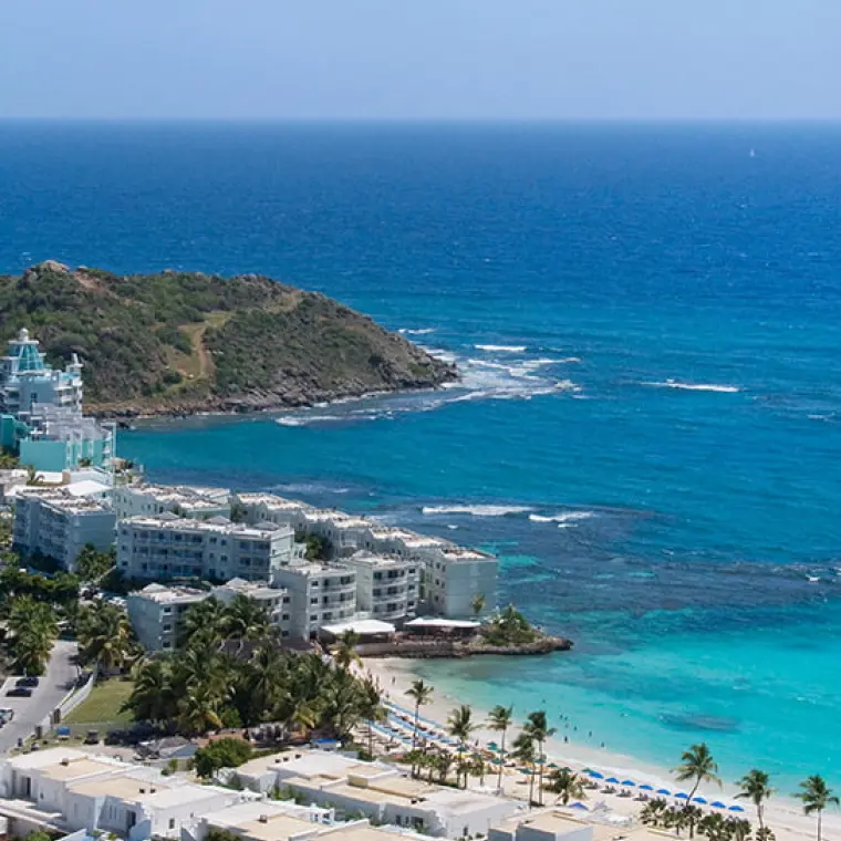 Aerial view of Dawn Beach, resorts and Sint Maarten east coast