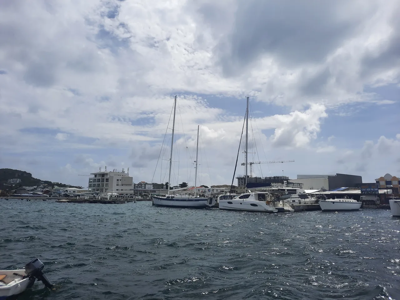 Sailboats and catamarans anchored in Simpson Bay Lagoon on the Saint Martin side