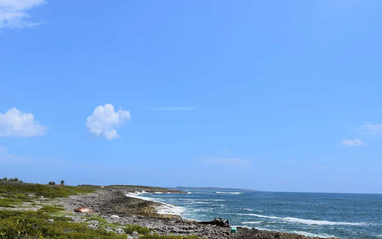 Wild coastal landscape of the Atlantic side of Saint Martin, Guana Bay style
