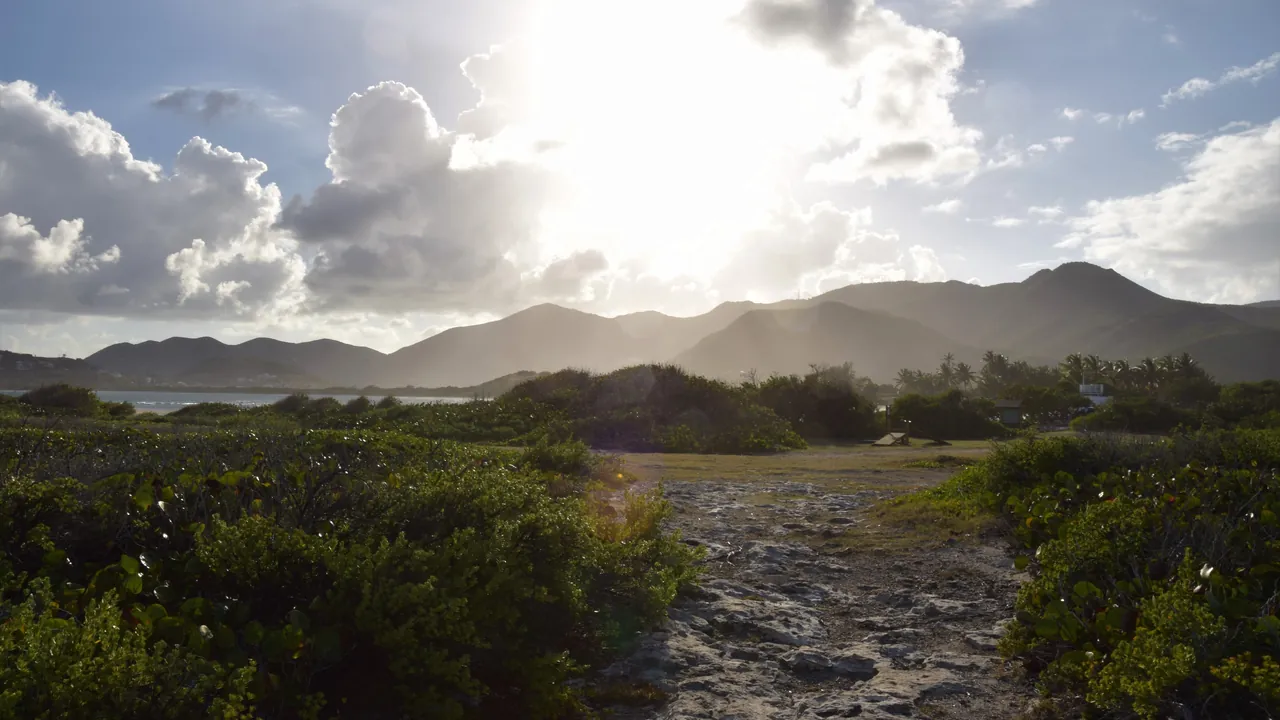 Trail through the Saint Martin Nature Reserve at sunset, Pinel Island atmosphere