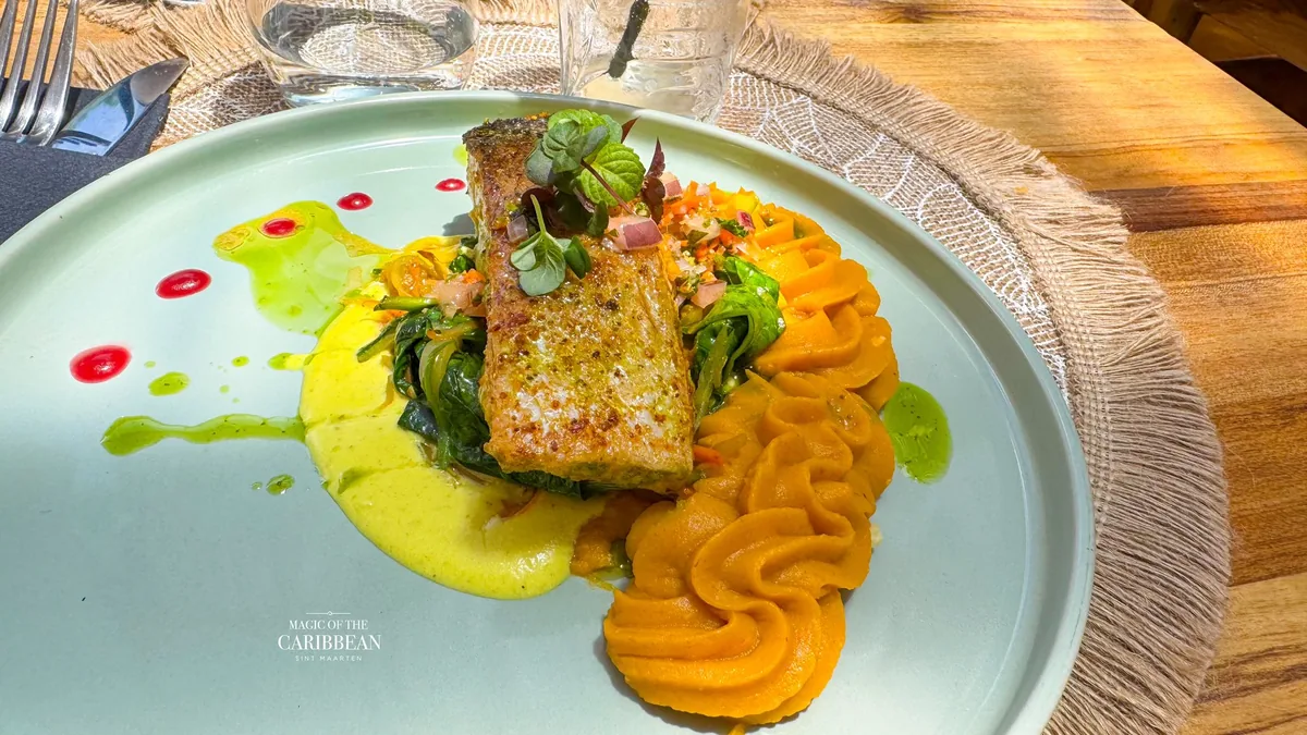 Daily fish of the day with sweet potato purée served at lunch at Baratié SXM
