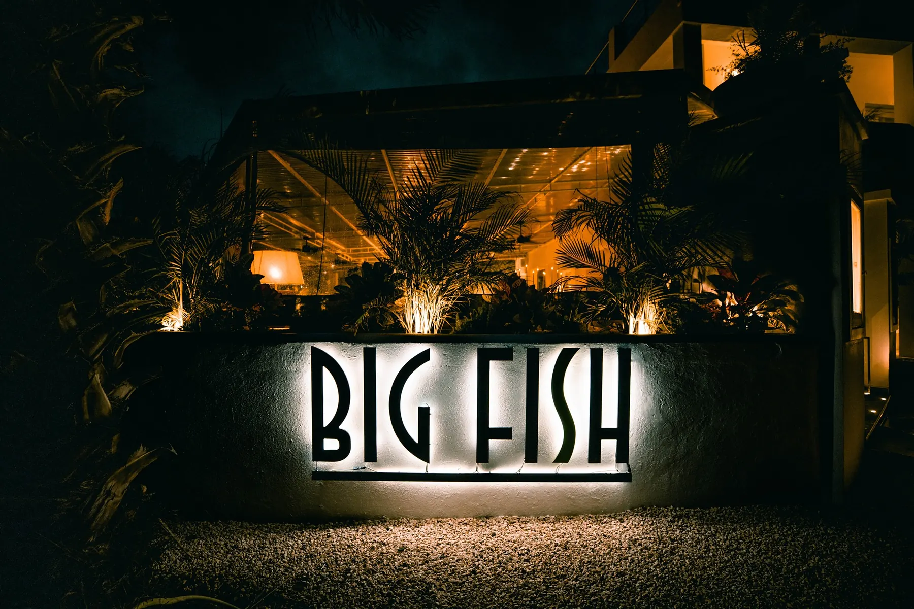 Big Fish Seafood Grill - illuminated sign and restaurant entrance at night in Oyster Pond