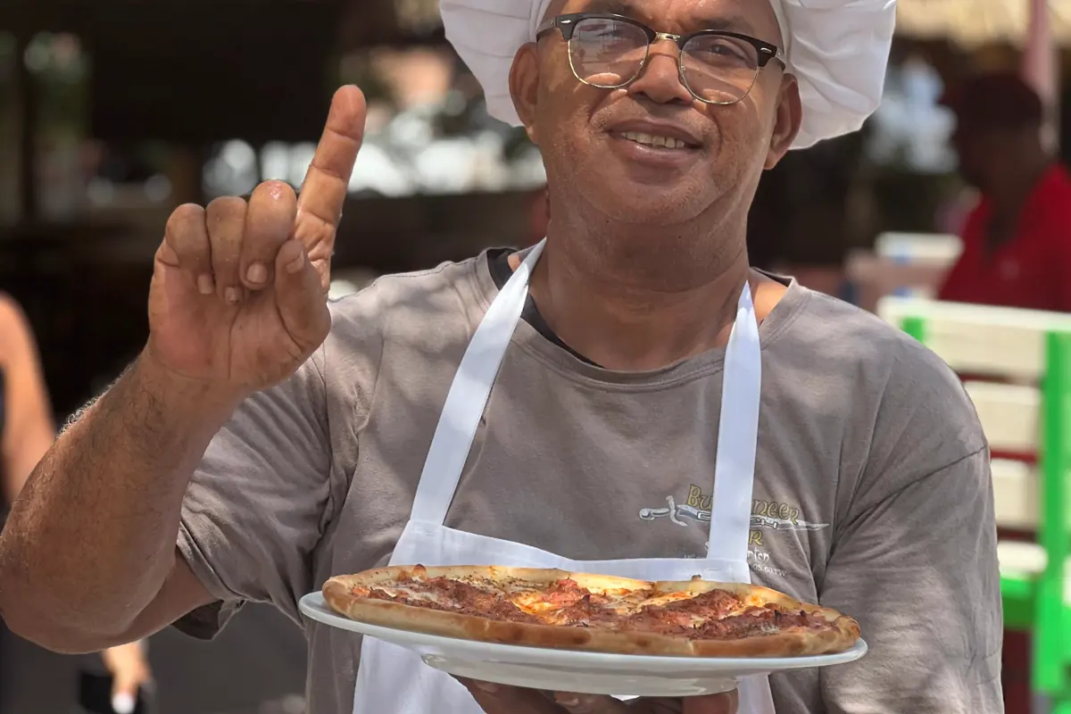 Pizza served at Buccaneer Beach Bar on Kim Sha Beach
