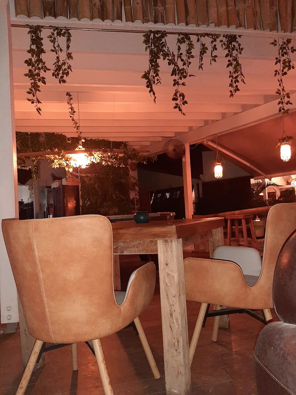 La Favela - dining room and terrace with leather chairs, plants and warm lights