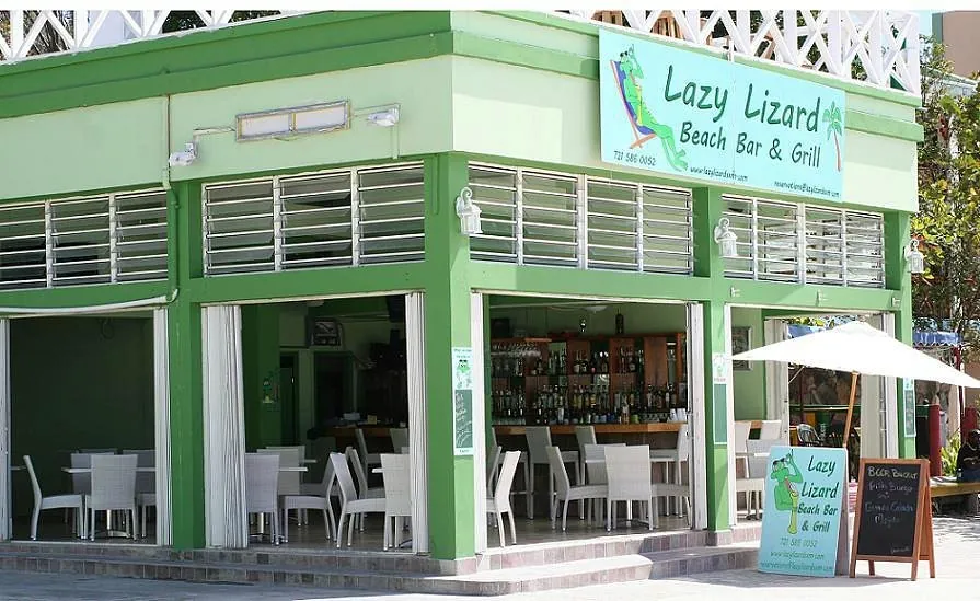 Lazy Lizard - green restaurant facade on the Philipsburg Boardwalk