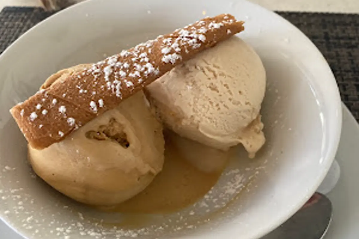 Homemade ice cream dessert served at Le Grand St Martin restaurant