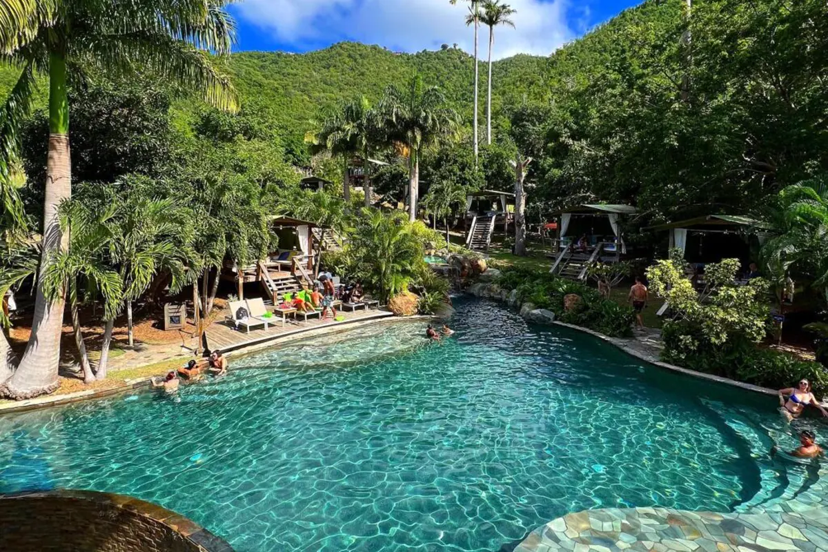 Jungle pool at Loterie Farm surrounded by palms and tropical greenery