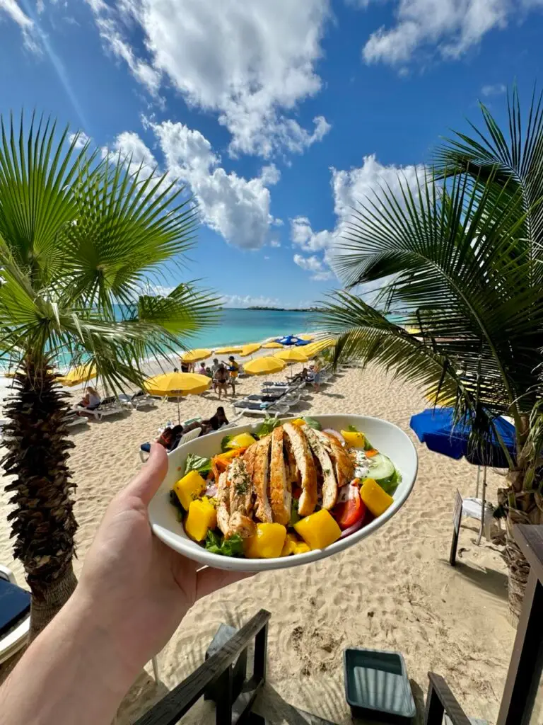 Mary's Boon - mango chicken salad served facing Simpson Bay Beach