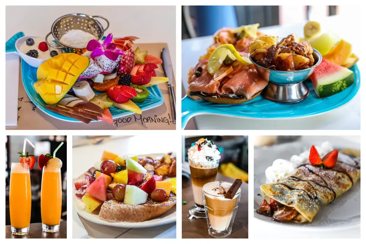 Réveil Matin SXM - brunch selection with crepes, coffee, juice and breakfast plates
