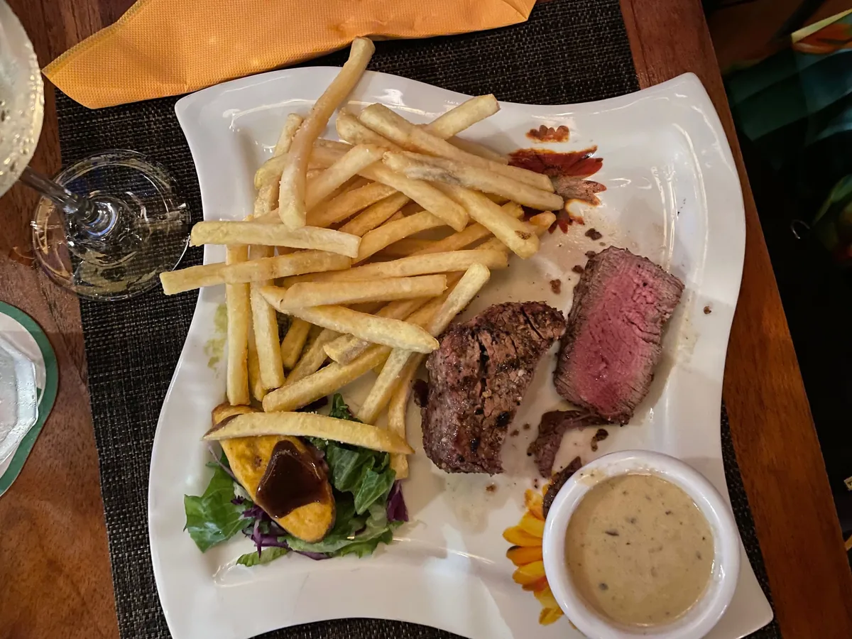 Beef filet mignon and house fries with creamy mushroom sauce at The Palms