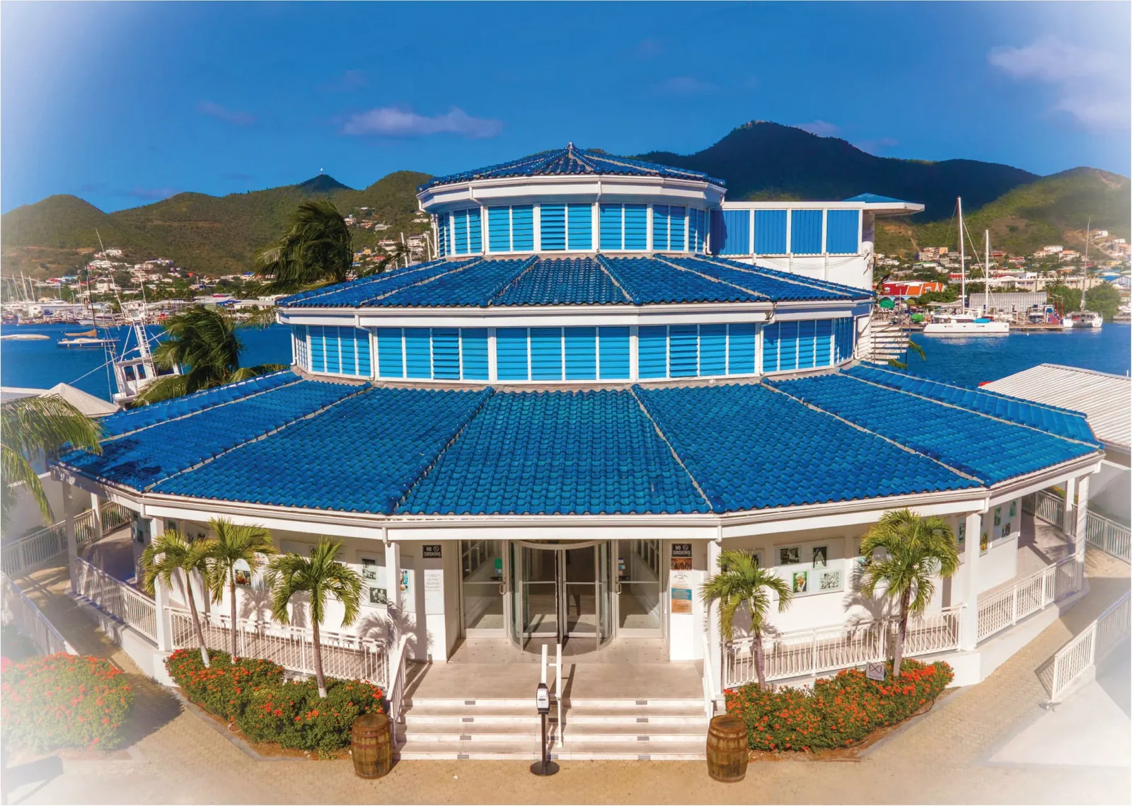 Iconic Topper's building in Cole Bay seen from the Simpson Bay Lagoon at sunset