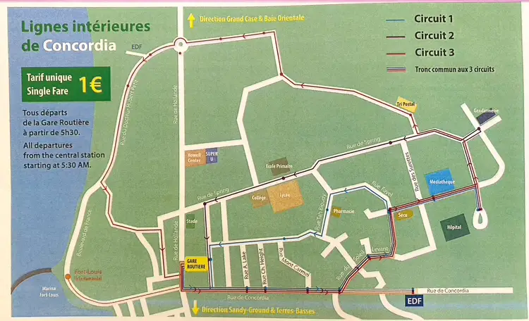 Map of the three Concordia bus loops from the Marigot bus station