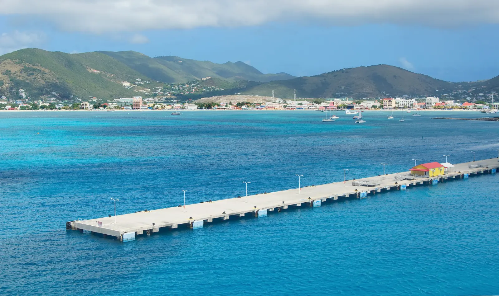 Philipsburg, the capital of the Dutch side, seen from a pier in Great Bay