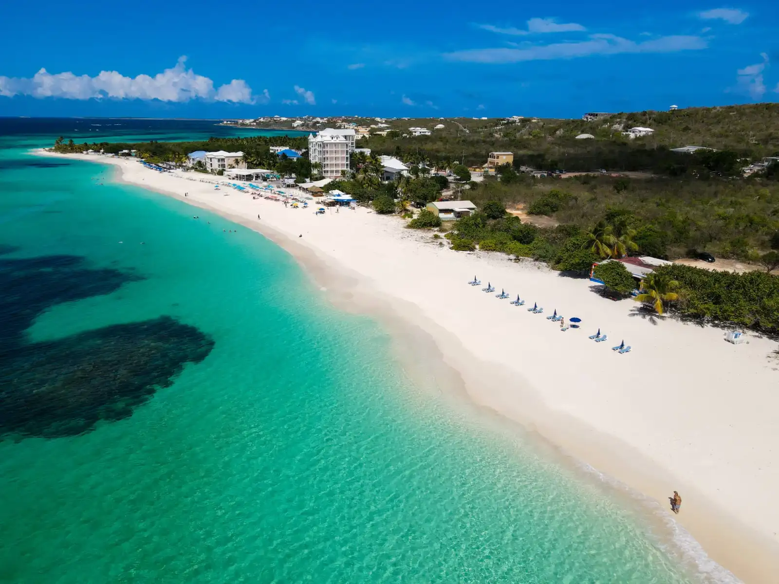 Aerial view of Shoal Bay East, Anguilla, its white sand beach and turquoise water