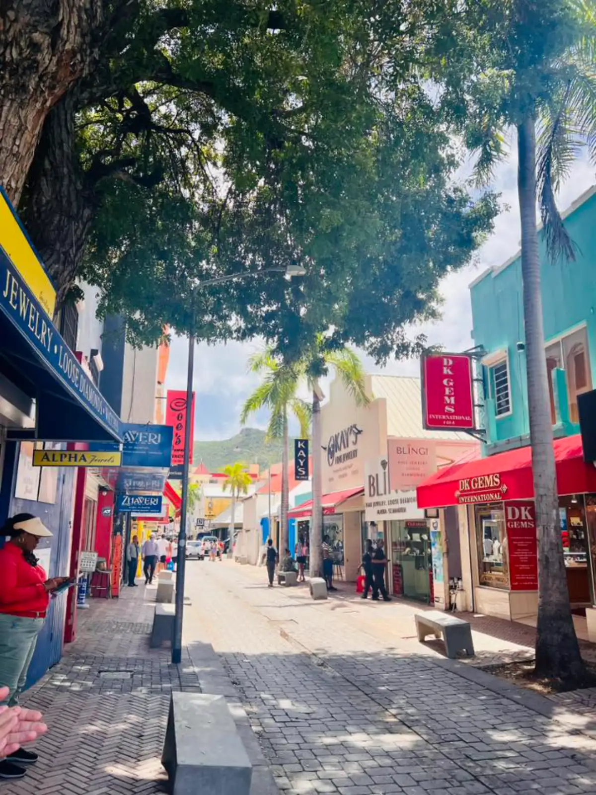 Front Street in Philipsburg, colorful shops under the trees