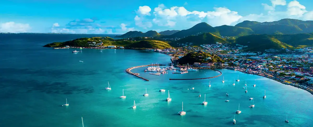 Aerial view of Marigot Bay and its marina
