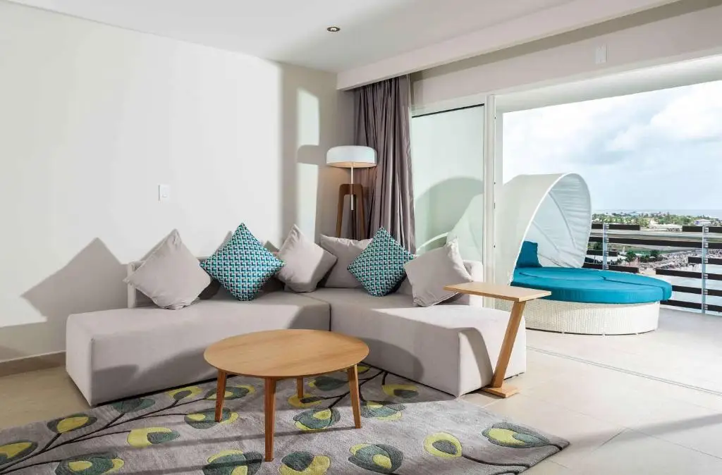 A suite living room with a terrace and cabana