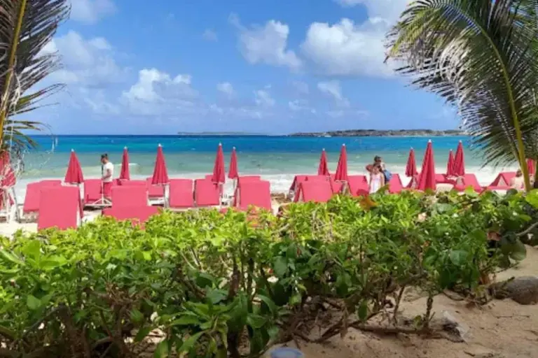 Beach clubs and sun loungers at Orient Bay