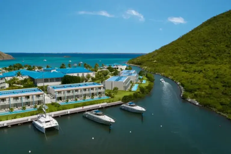 Lonvilliers marina in Anse Marcel with the bay in the background