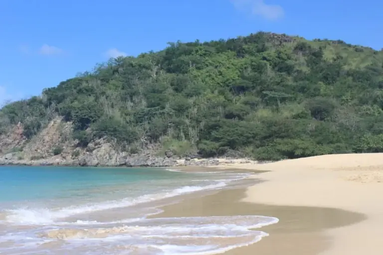 Pale sand and clear water at Happy Bay Beach in Saint Martin