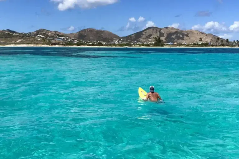 Turquoise shallow lagoon at Le Galion Beach in Saint Martin