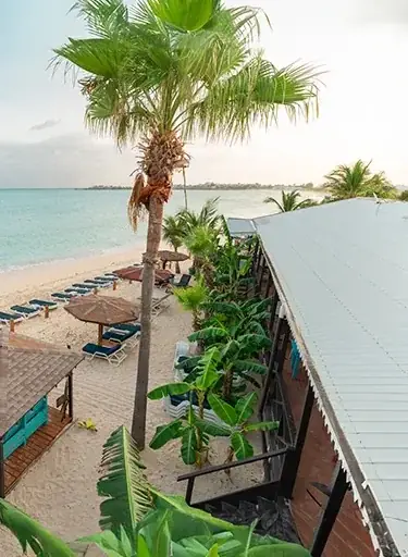 Sun loungers and beachfront facade of Mary's Boon
