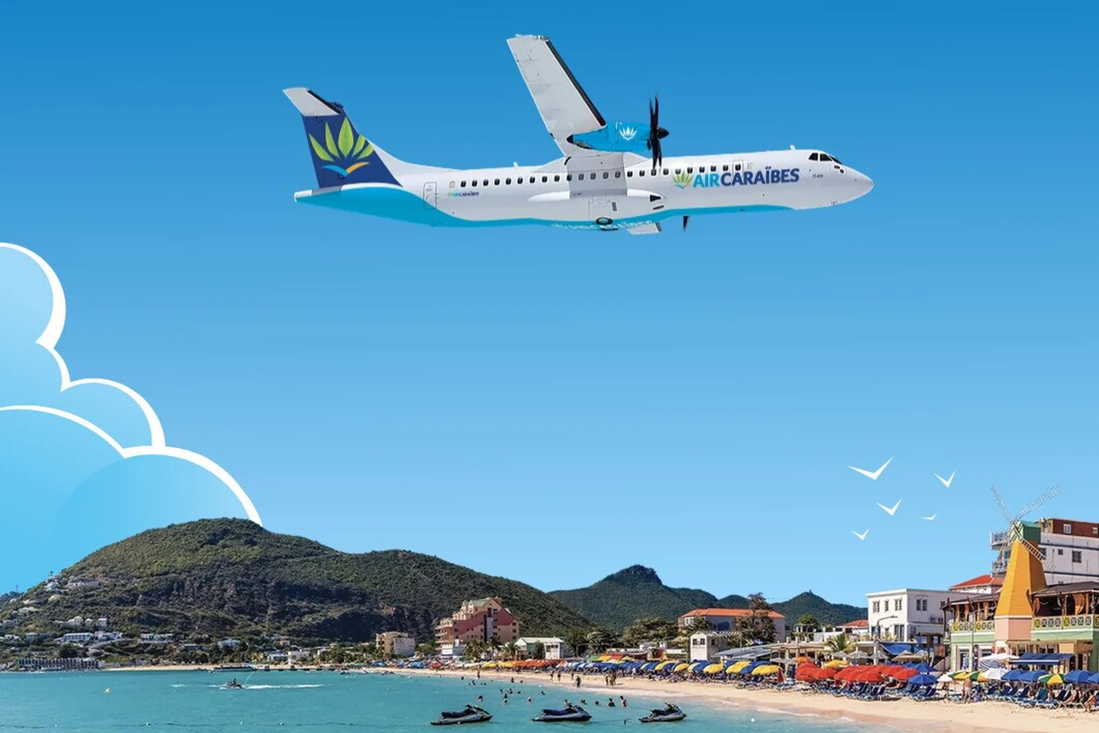 Air Caraïbes ATR 72-600 flying over Great Bay, Philipsburg, St. Maarten