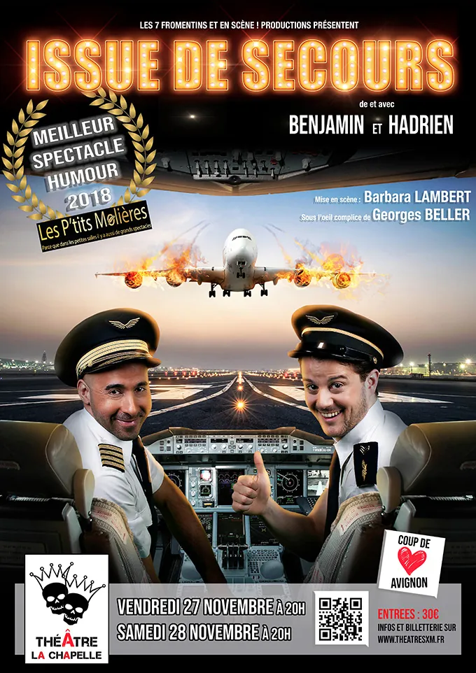 Affiche d'Issue de secours avec Benjamin et Hadrien au Théâtre La Chapelle