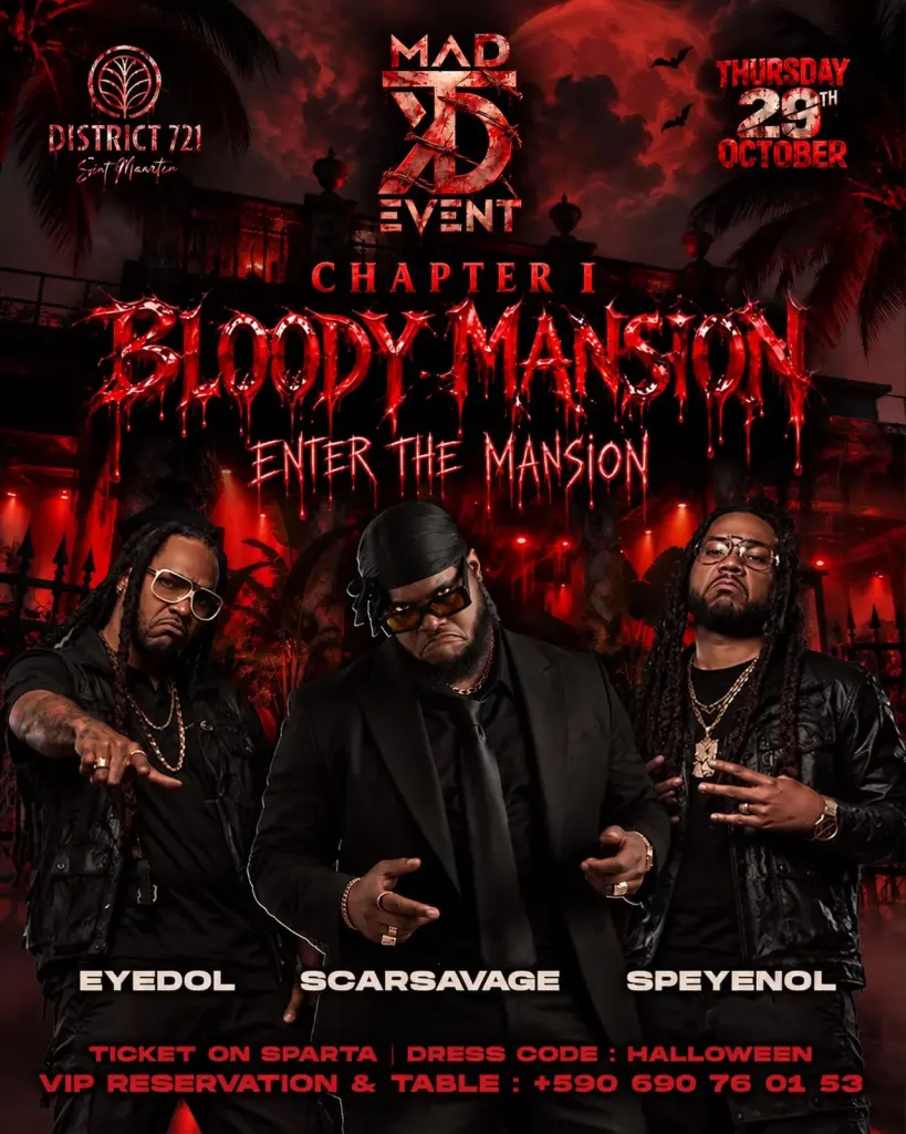 Affiche de Bloody Mansion, chapitre I de la MAD Halloween Trilogy au District 721 le jeudi 29 octobre, avec les DJ Eyedol, ScarSavage et Speyenol
